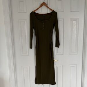 Maternity - Long Sleeve Scoop Neck Olive Green Maxi Dress